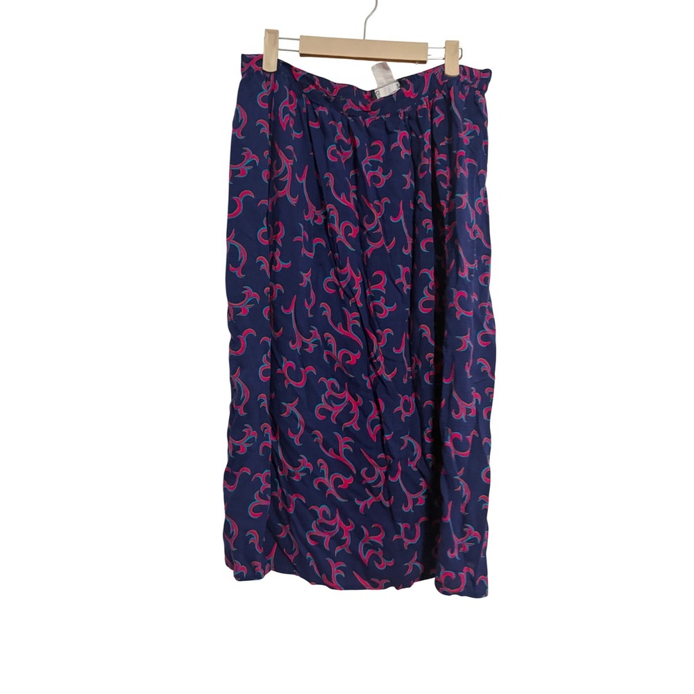 Gianna‎ Midi Skirt Abstract Scroll Print Navy Pink Rayon Elastic Waist Size M